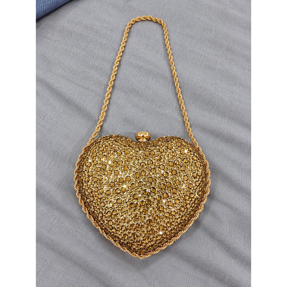Gold Crystal Heart Shaped Evening Clutch Bag Rhinestone Minaudiere Chain Strap